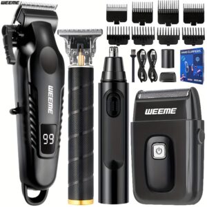 WEEME 4pcs for Man's Grooming Kit Electric Hair Clipper + Beard Trimmer + Shaver + Nose Hair Trimmer, USB Rechargeable with LCD Display | Perfect Gift for Dad, Husband, Boyfriend (Father's Day/Birthday)