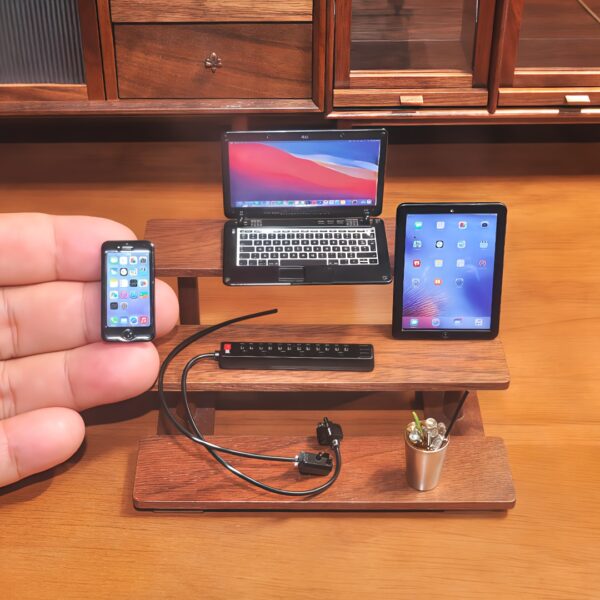 9fc2258f-f0f4-404f-8496-a1a1f6e4f34f.jpg 5pcs 1:6 Scale Black Miniature Digital Devices & Coffee Gift Set – Metal Smartphone, Tablet, Laptop, Alloy Socket, Coffee Mug – Perfect Novelty Gift for Friends & Family, Realistic Dollhouse Accessories