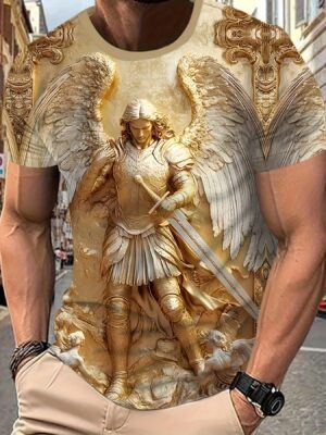 [3D Angelic Warrior T-Shirt] 3D Angelic Warrior Graphic T-Shirt for Men | Golden Armor & Sword Design, Stretch Fabric, Regular Fit, Casual Crew Neck, Black Watch & Bracelets Accessory, Novelty Tshirt | Warrior Theme