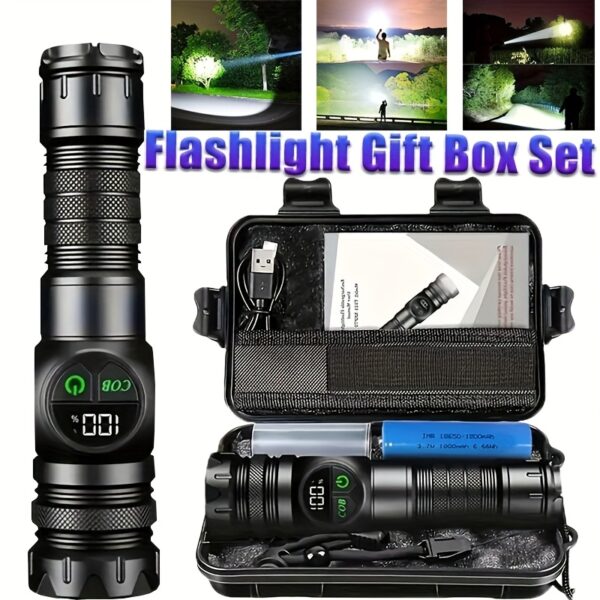 1pc Gift Box Flashlight, LED Flashlight, Multifunctional Flashlight with 5 Modes, Zoomable COB Side Light, Digital Display, Flashlight with Magnetic Base, for Outdoor Fishing Survival Hunting Camping Gear, Gift Box, Gifts for Father/Husband/Boyfriend, Super Bright Rechargeable Flashlight, Flashlight Battery Operated, Mini Flashlight, Ultra Bright LED Flashlight, Tactical Flashlight, Camping Gear, Fishing Equipment, Zoomable Beam, Durable Build, Magnetic Base Light, Rechargeable