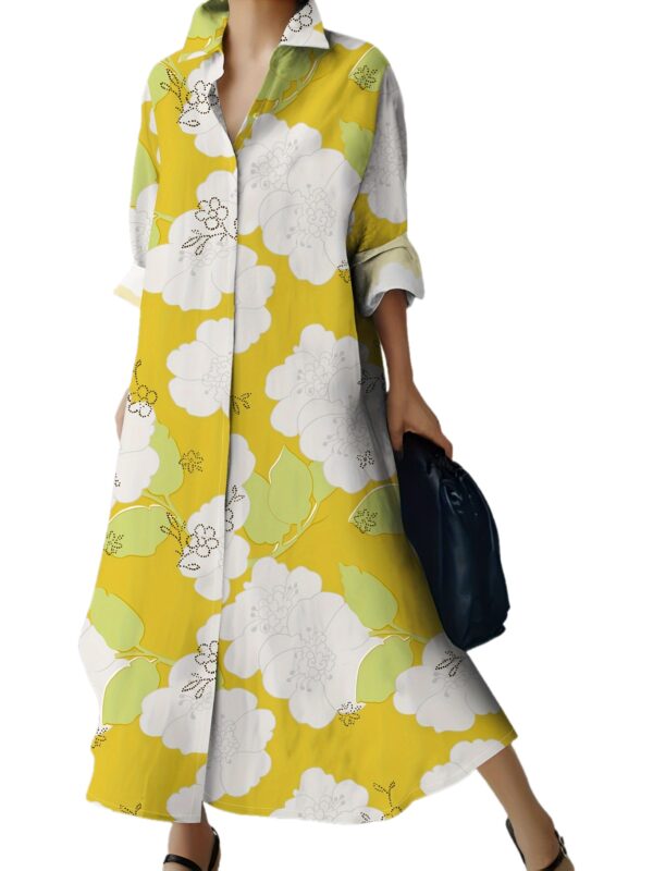 1pc FYM-FLL Women's Floral Print Long Sleeve Dress - Polyester 100% Woven Shirt with Lapel Collar and Button Details for Spring/Fall Vacation Style