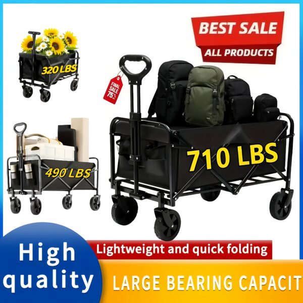 Heavy-Duty Folding Utility Wagon Cart - All-Terrain Stainless Steel Frame, 600D Oxford Fabric, No Assembly Required, Durable Wheels & Sturdy Handle Design for Camping, Gardening, Shopping & Outdoor Gear Transport - Black, Camping Gear Carrier, Robust Construction, Reinforced Structure, Transport Trolley, Outdoor Enthusiasts, Garden Cart, Rugged Design, Sturdy Build, DIY Users