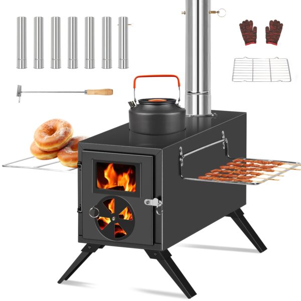 Wood Burning Stove, Tent Stove, Portable Camping Stove With Chimney Pipe, Front Window, Side Shelf, Mini Wood Burning Stove For Outdoor Tenting, Picnics, Trucking Trips, And Woodsman'S Cabins.
