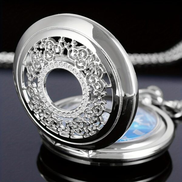 An Elegant Pendant Gift with A Beautiful Hollow Stainless Steel Silvery Necklace Pocket Watch Starry Surface