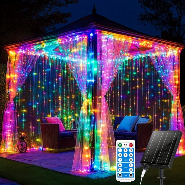 Upgraded 330LED Solar Colorful Curtain Lights - 8 Modes Dimmable Fairy String Lights, Energy Saving, Durable, Waterproof - Great for Patio, Gazebo, Party, Festival, Wedding Decorative Ambience String Lights