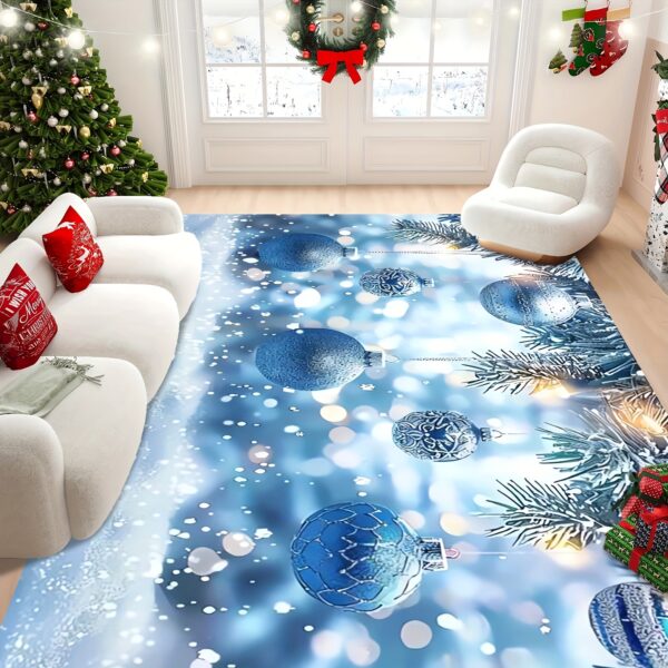 Festive Blue Christmas Area Mat with Bells and Snowflakes - Soft, Absorbent, Machine Washable Polyester Mat for Living Room, Entryway, Game Room, Study, Bedroom - Ideal Holiday Decor, 0.47 Inch Thick Flannel, Christmas Decorations