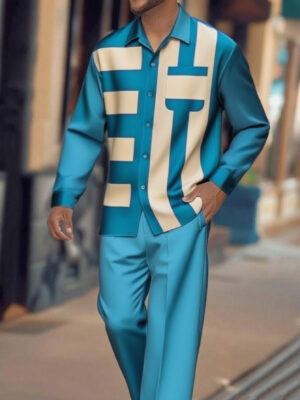 2pcs set, Men's long-sleeved button- shirt trouser suit, geometric contrasting Men's suit, purple bottom line design, daily commuting street wear casual party scene daily wear, Office Casual, Streetwear Fashion, Geometric Design, Contemporary Fashion, Durable Fabric, Breathable Material, Matching Trousers, Buttondown Pants, Urban Streetwear, Fashionforward Men