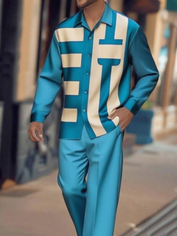 2pcs set, Men's long-sleeved button- shirt trouser suit, geometric contrasting Men's suit, purple bottom line design, daily commuting street wear casual party scene daily wear, Office Casual, Streetwear Fashion, Geometric Design, Contemporary Fashion, Durable Fabric, Breathable Material, Matching Trousers, Buttondown Pants, Urban Streetwear, Fashionforward Men