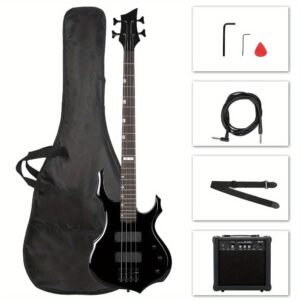 Full - Size 4 - String Black Electric Bass Guitar With Burning Fire Design & Enclosed H - H Pickups - Great For Beginners & Musicians, Includes 20W Amp, Bag & Accessories