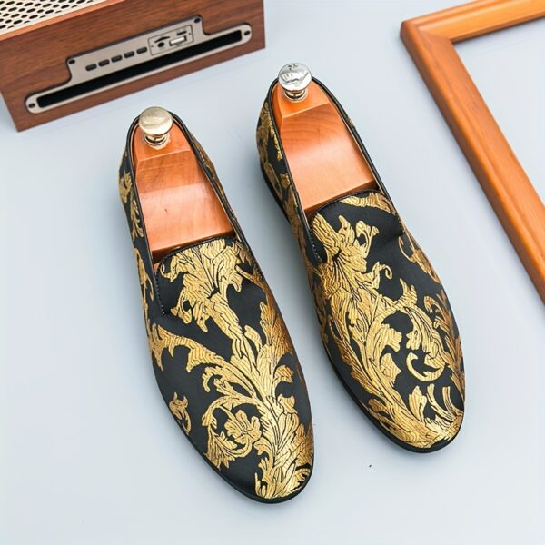 a3db9576-35b7-4195-a310-e0149f5da1e7.jpg Men's Slip-On Loafers - Black & Golden Floral Print, Breathable, Non-Slip Rubber Sole, Pointed Toe Casual Shoes for Casual Attire, Comfortable Slipons | Elegant Slipons | Durable Traction Footwear