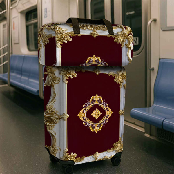 2pcs Polyester Printed Suitcase Set (1 Suitcase Cover + 1 Travel Bag), Travel Accessories, Burgundy Background with Exquisite Golden Carvings, Luggage Cover & Travel Bag, Handbag And Trolley Case Protector, Unisex Outdoor Vacation Must-Have Accessories