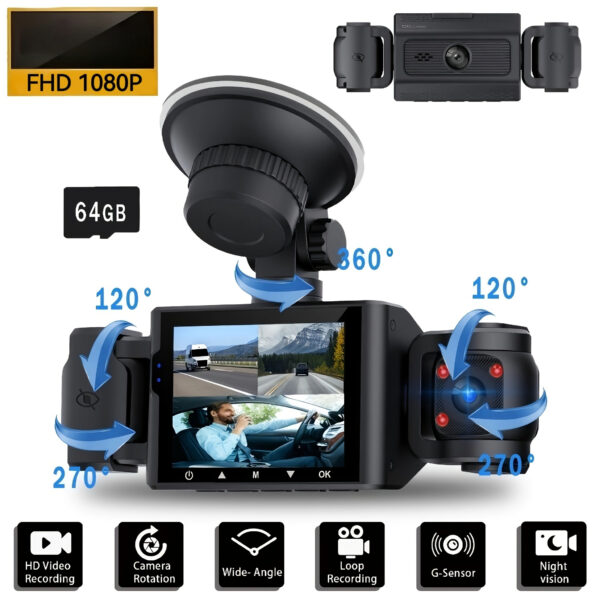 [3-Channel 360° Dash Cam] 3-Channel 360° Dash Cam for Cars | 1080P Front & 720P Left Right, Night Vision, WDR, 2.4" IPS Screen, Loop Recording, G-Sensor, 24H Parking Mode, Optional 64GB Card, Dash Cam for Cars, Vehicle Security Camera, Modern Vehicle Accessory, Highquality Visuals, Driving Recorder, Compact Design, Reliable Recording, Longdistance Drivers, Without Battery