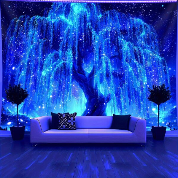 1pc Brilliant Starry Sky Tree of Life- Glows Under Fluorescent Light- Large Size Fluorescent Printed Tapestry, Bedroom Aesthetic Hanging Tapestry, for Party Celebrations, Home Decoration, Fabric Wall Decoration, No Installation Required