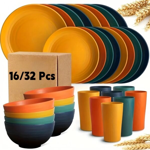 16/32pcs Kitchen Wheat Straw Large Size Dinnerware Set, Service For 4/8, Unbreakable Modern Dish Set-Dinner Plate/Dessert Plate/Cereal Bowl/Cup, Dishwasher And Microwave Safe, Lightweight Tableware, Perfect Camping And Everyday Use, Gifts For Men