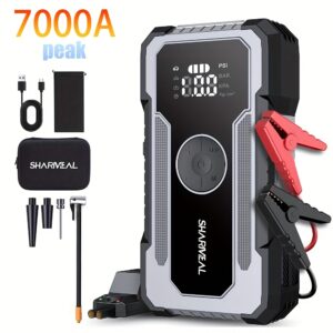Sharmeal 5000A/6000A/7000A Portable Car Jump Starter with Air Compressor, Battery Jump Starter, Car Battery Charger for 12V(2.64gal Gas/2.38gal Diesel Engines-Moto, SUV, Truck) Start The Car Quickly, USB Input/output, LED Emergency, Car Accessories Tools