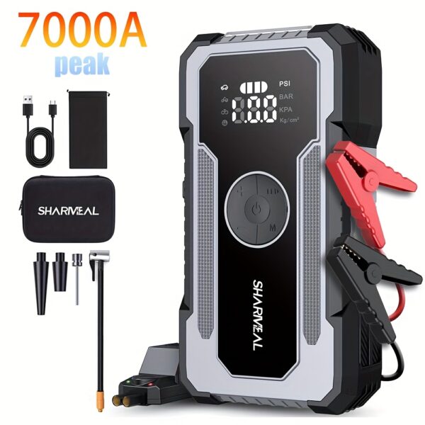 Sharmeal 5000A/6000A/7000A Portable Car Jump Starter with Air Compressor, Battery Jump Starter, Car Battery Charger for 12V(2.64gal Gas/2.38gal Diesel Engines-Moto, SUV, Truck) Start The Car Quickly, USB Input/output, LED Emergency, Car Accessories Tools