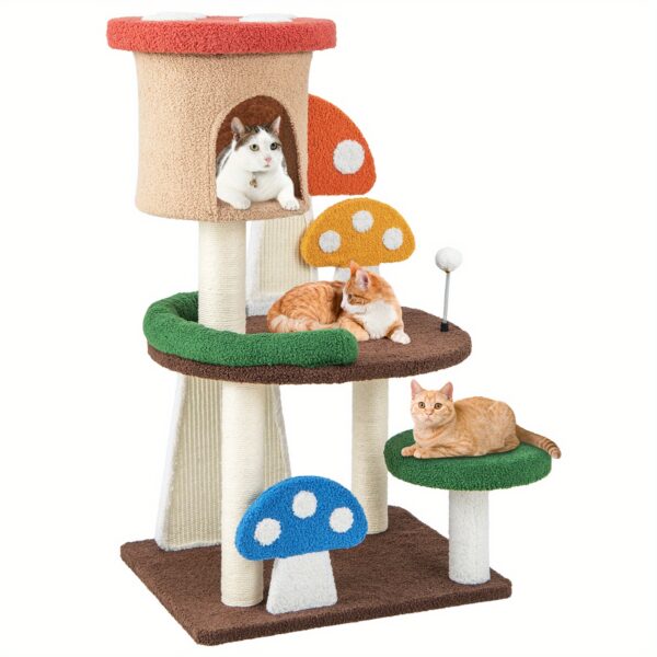 PETSITE Deluxe 4-in-1 Mushroom Cat Tree - Multi-Level Tower with Cozy Condo, Play Platforms & Interactive Spring Ball - Sisal Scratching Posts & Plush Fabric for Ultimate Kitten Fun
