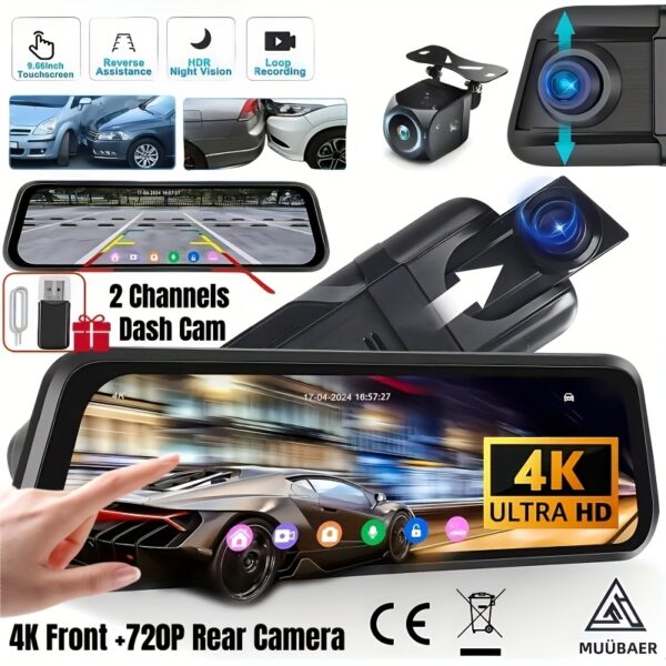 [4K Touch Screen Mirror Dash Cam] 4K Touchscreen Mirror Dash Cam, 9.66 Inch - Dual Cameras, Super Night Vision, G-Sensor, Loop Recording, Parking Assistance, 24H Parking Monitor, Backup Camera, Father'S Day Gift