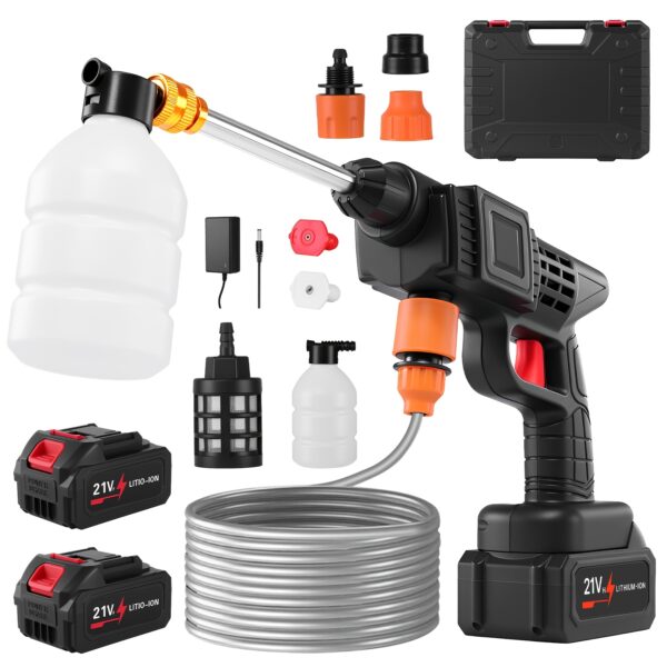 a7b3b28f-2c94-4bd9-9bab-a8332669ce89.jpg LOVEWE 300 Watt Cordless High Pressure Electric Car Wash - Equipped with 6-in-1 Nozzle, 1.3GPM Handheld Car Wash Gun, for Car Wash/Home/Floor/Garden Cleaning, Includes 2 X 15000mAh Batteries, 60 Minutes Battery Life