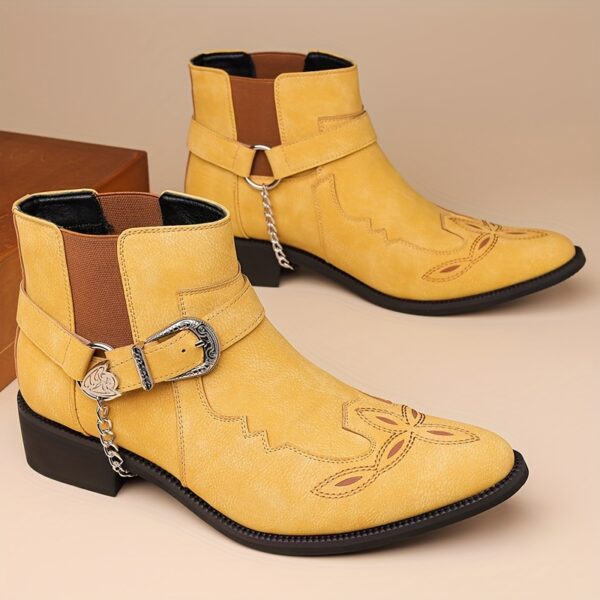 QRLQRL Men's Slip-On Boots - Beige PU Upper & Rubber Outsole, Metallic buckle accents, All-Season Urban/Casual/Hiking Footwear - Cushioned Insole for Everyday & Formal Events - Boots for Men, Streetstyle Footwear, Durable Traction Soles