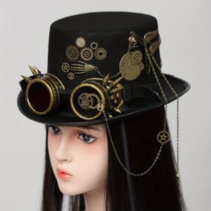 Heavy Metal Chain Steam Punk Men's and Women's Gentleman Hats with Skull Rivets and Goggles for Stage Performances and Halloween Props