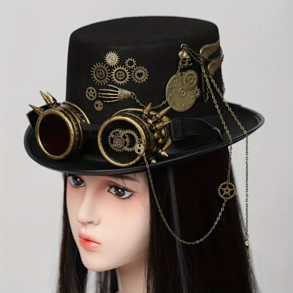 Heavy Metal Chain Steam Punk Men's and Women's Gentleman Hats with Skull Rivets and Goggles for Stage Performances and Halloween Props