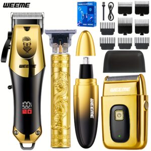 WEEME 4pcs Men'S Golden Electric Hairdresser Set, Household Beard Building Kit. Electric Hair Clipper + Electric Shaver + Electric Nose Hair Trimmer + Fine Trimmer. Used for Home, Car and Travel. Gifts for Fathers, Husbands, Sons, Brothers