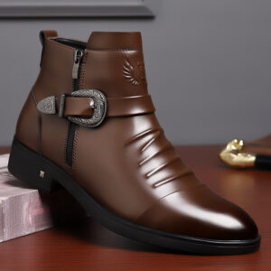 Men's Vintage Western Style Ankle Boots with a Convenient Side Zipper and Ornate Carved Buckle, Featuring a Pointed Toe and Unique Pleated Vamp for a Stylish Biker Formal Look.
