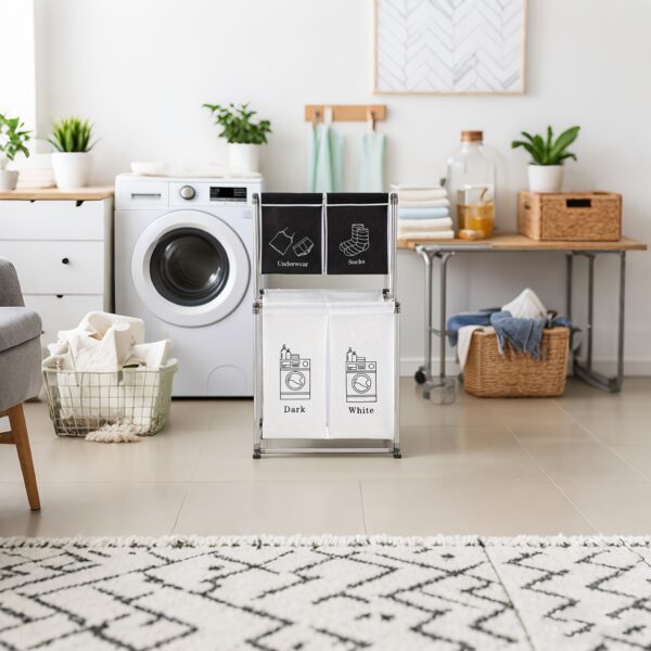 a97cf4f2-c813-4f76-b326-54d1e67288ca.jpg Upgraded Double-layer Partitioned Laundry Basket, 4 Detachable Canvas Bags That Are Durable And, Convenient For Storing Household Clothes/ Bedding Cotton, Easy To Install, Bottom Wheel Design For Easy Movement, Dirty Clothes Basket, Laundry Baskets