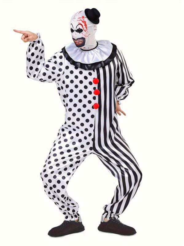 aa6efedd-4b08-4252-a3f5-b19bc2bb111a.jpg ATTBEA Men's Black & White Spotted Clown Jumpsuit With Mask And Hat, Men's Halloween Party Attire