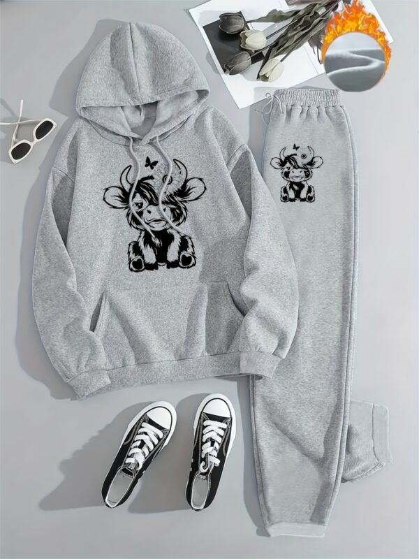 2pcs Women'S Casual Animal Print Hooded Sweatshirt and Joggers, Polyester Knit Fabric, Regular Fit, with Drawstring and Pockets, for Fall/Winter