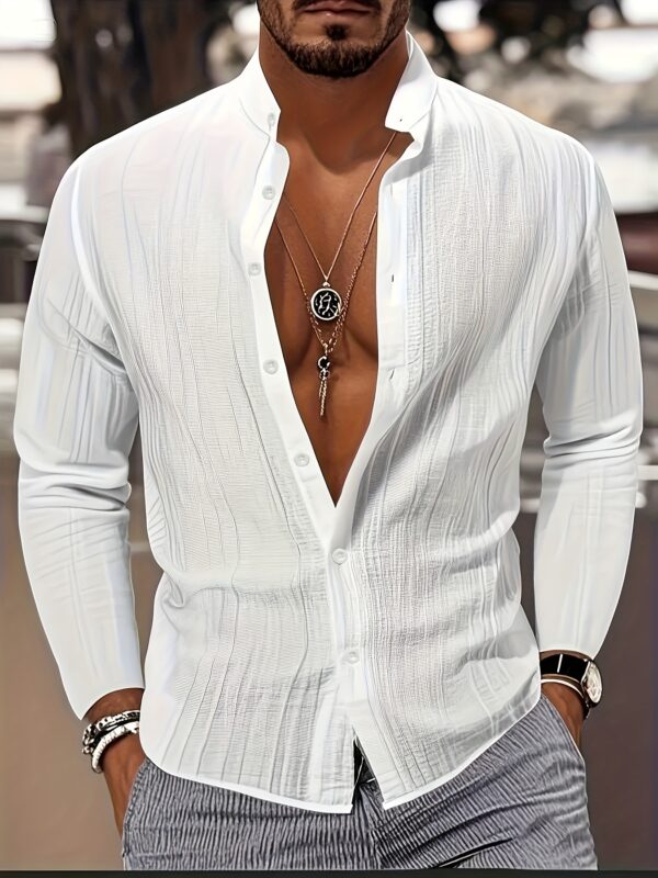 aab76c55-68db-4470-a94f-d473e9441ee1.jpg Lightweight Long Sleeve Men's Shirt - Quick-Dry Button-Up Beach Dress, Stand Collar White for Formal and Casual Occasions, Suitable Poolside Wear or Office Attire Machine washable Summer Clothing, Classic Design, Nonstretch Material, Breathable Fabric