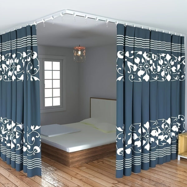 aafc364693c94e1eaaa716dfa1a4595f-goods.jpeg Modern Flexible Ceiling Curtain Track System with Multiple Hooks and Brackets - Navy Blue and White Floral Design, Durable Plastic Suitable for Room Dividers, Bathrooms, and RVs