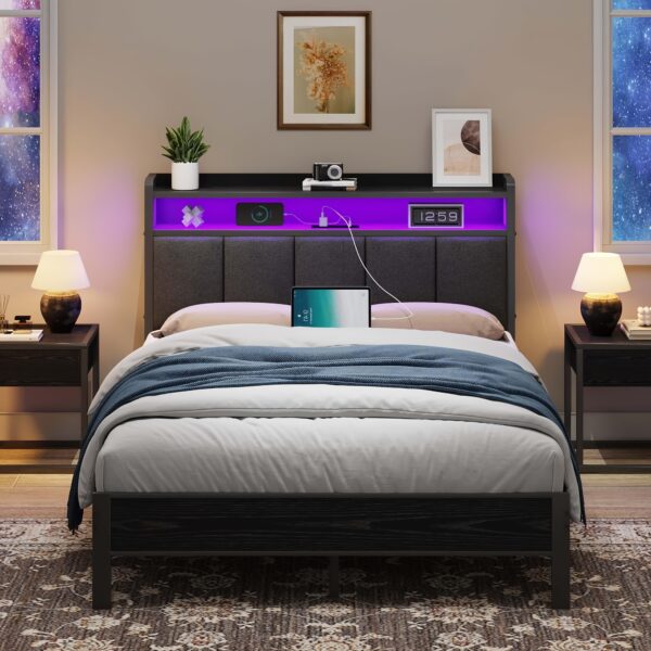 Twin Full Queen King Bed Frame With Headboard And Storage, Upholstered Platform Bed With LED Lights And Charging Station, Heavy Duty Metal Slats Support, No Box Spring Needed, Easy Assembly, Grey, White, Cream