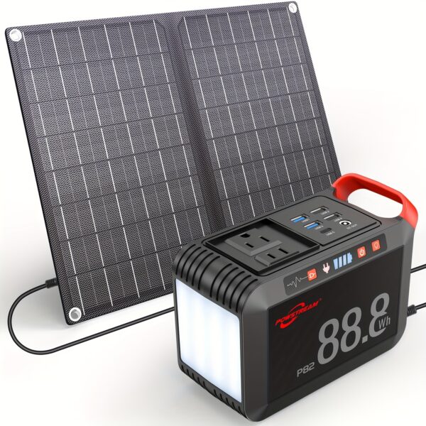 POWSTREAM 24000mAh Solar-Powered Portable Power Station with AC Outlet (80W) & 21W Solar Panel Included - 88.8Wh Large Capacity Lithium,P Over-Voltage/Over-Current/Over-Heat/Over-Voltage, /DC/ Outlets, Lightweight & Compact for Camping, RV, Home Backup, Emergency Power - Solar Generator for Outdoor Adventures, Travel, and Power Bank Use, Portable Power Station With Solar Panel, Home Solar Generator Complete, Solar Generator Power Station For Home,