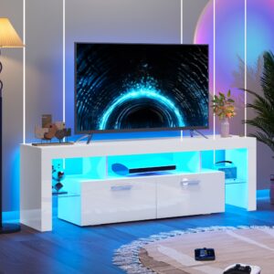 Modern High Gloss White TV Stand with LED Lights - Fits 55/65/75/80 Inch TVs, PS5 Gaming Entertainment Center with Glass Shelves, USB-Powered Console Table for Living Room, Game Room, or Bedroom