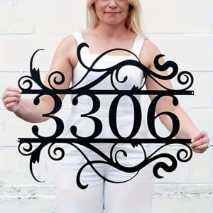 Custom Metal House Number Sign - Vintage Industrial Style, Easy Wall Mount with Drill Holes, No Batteries Needed, Outdoor & Door Decor, Black Ornate Frame with Decorative Swirls, Metal Wall Art Decor