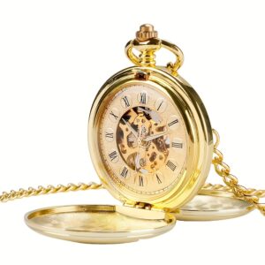 Vintage Golden-Tone Mechanical Pocket Watch with Roman Numerals, Double-Open Design & World Time – Intricate Skeleton Movement, Chain Included – Perfect Gift for Men and Women