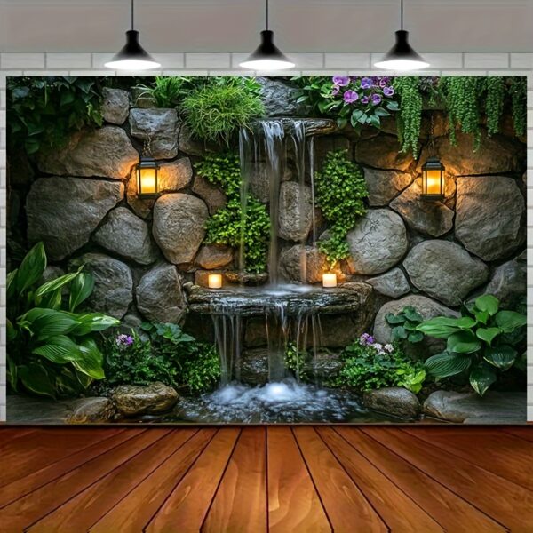 2D Flat, 1pc Realistic Stone Waterfall Backdrop with Lush Greenery - No Electricity Needed, Self-Adhesive Photography Background for Wedding, Birthday, Garden Party Decor - Durable Polyester Fabric Banner with Waterfall Effect - Indoor/Outdoor Decoration, Event Decoration, Natural Aesthetic, Easy Setup, Home Decorators, Waterfall Outdoor Garden, Stone Floor Banner, Backdrop