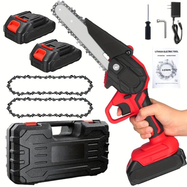 2-in-1 Mini Wireless Chainsaw & Hedge Trimmer - 6-Inch 2 Batteries (4 Color Options) with Safety Lock, Lithium-Ion Powered, Includes Charger & Storage Case - Perfect Holiday Gift for Men, Fathers, Husbands - Outdoor Camping & Yard Work Tool