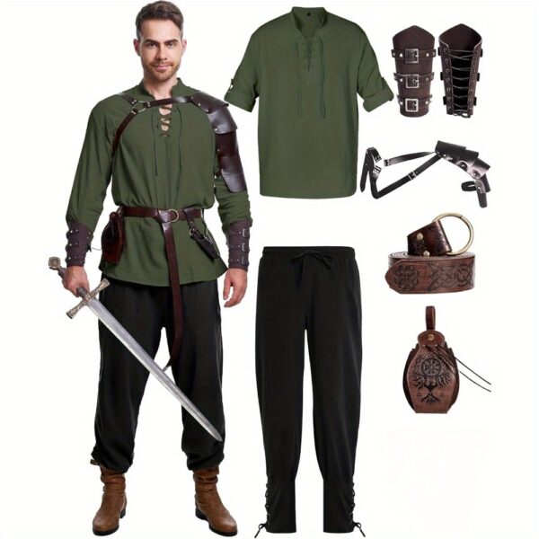 Men's Renaissance Costume Halloween Medieval Pirate Shirt Pant Viking Costume Accessories Set