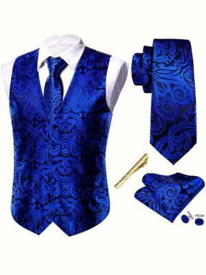5pcs Men'S Royal Blue Paisley Suit Vest Set, Elegant Jacquard V-Neck Waistcoat with Tie, All-Season Polyester 100% Non-Stretch Fabric, Regular Fit with Button Detail for Formal/Wedding Dress, Plus Size