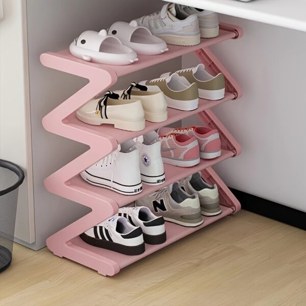 4-layer pink Z-shaped shoe rack - durable plastic, zero tool assembly, used for floor mounted storage in living rooms, bedrooms, or entrances, easy to stack, suitable for home and dormitory organization, shoe storage solution | modern shoe rack | sta