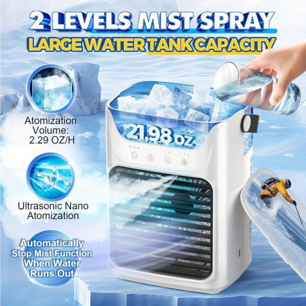 Portable Air Conditioners, 3 Wind Speeds & 7 LED Lights Evaporative Personal Air Cooler, 4in 1 Portable AC with 21.98oz Large Water Tank, Mini Air Conditioner for Bedroom/Car/Home/Camping/Room