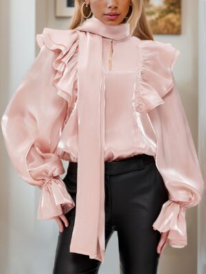 Elegant Women'S Plus Size Ruffle Front Long Sleeve Shirt, Solid Color, Polyester, Non-Stretch, Woven, 40 g/m², with Stand Collar and Butterfly Knot Decoration for Office