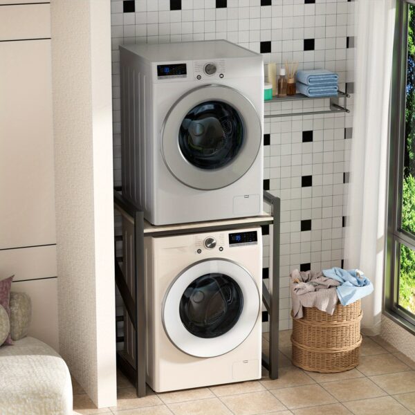 af222acb23f545a191dbf121c462f0a8-goods.jpeg Heavy-Duty Washing Machine Storage Shelf - Space-Saving Laundry Organizer with Countertop, 2-Tier Adjustable Height (Up to 66.1"), Sturdy Metal Construction, for Washing Machine, Dryer, Kitchen, Bathroom - Easy Assembly, Modern Black Finish, Appliance Storage, Sleek Design, Durable Construction, Utility Rack, Apartment Dwellers