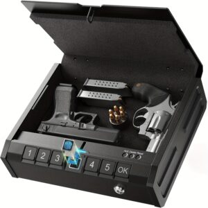 Biometric Gun Safe for Pistols - Quick-Access Handgun Lock Box with Fingerprint & Key Pad, Secure Storage for Firearms, Valuables, and Ammo, Black Aluminum Alloy, Dual Access System, Long-Lasting Battery Life, Theft Deterrent Safe Durable Lock Box, Best for Christmas
