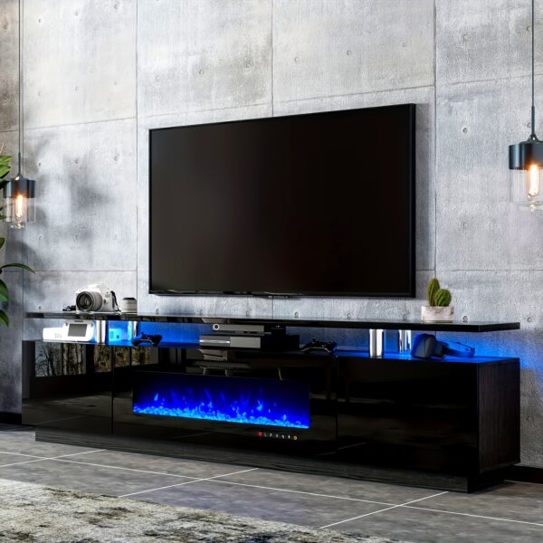 80 inch Fireplace TV Stand, Modern High Gloss Finish Media Console with Electric Fireplace, Open Storage LED Entertainment Center for TVs Up to 90, All Black
