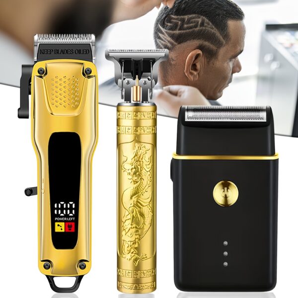 Golden 3pcs Men's Electric Shaver Hair Clipper, USB Rechargeable Battery, T-Trimmer, LED Display, Ideal for Home Haircuts, Travel, Foil Shavers and Beard Trimmers, Holiday Gift, Barber Clippers, Shaver for Men Rechargeable High Quality