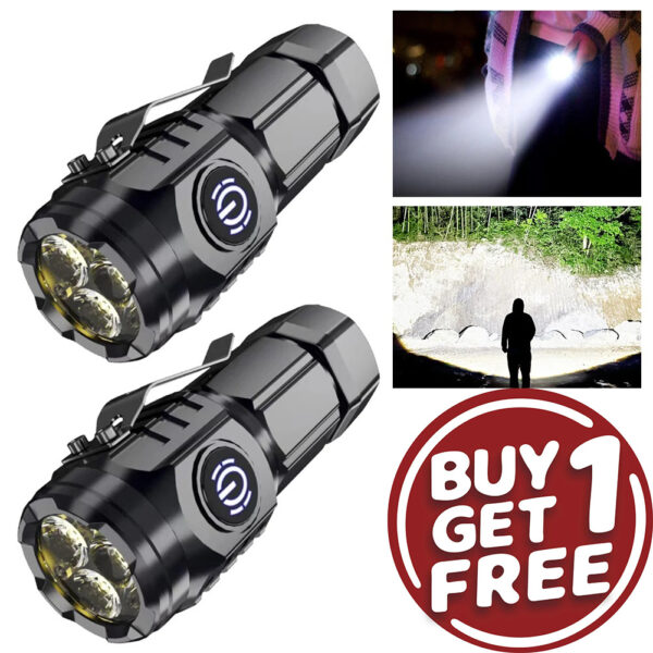Buy 1 Get 1 Free, 2 Pcs Mini Rechargeable LED Flashlight with Frog Eye Lens, 3 LED Wicks, 5 Light Modes, High-Strength ABS, Portable for Travel, Emergencies, and Outdoor Activities